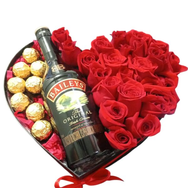 Rosas, Baileys, chocolates ferrero rocher.